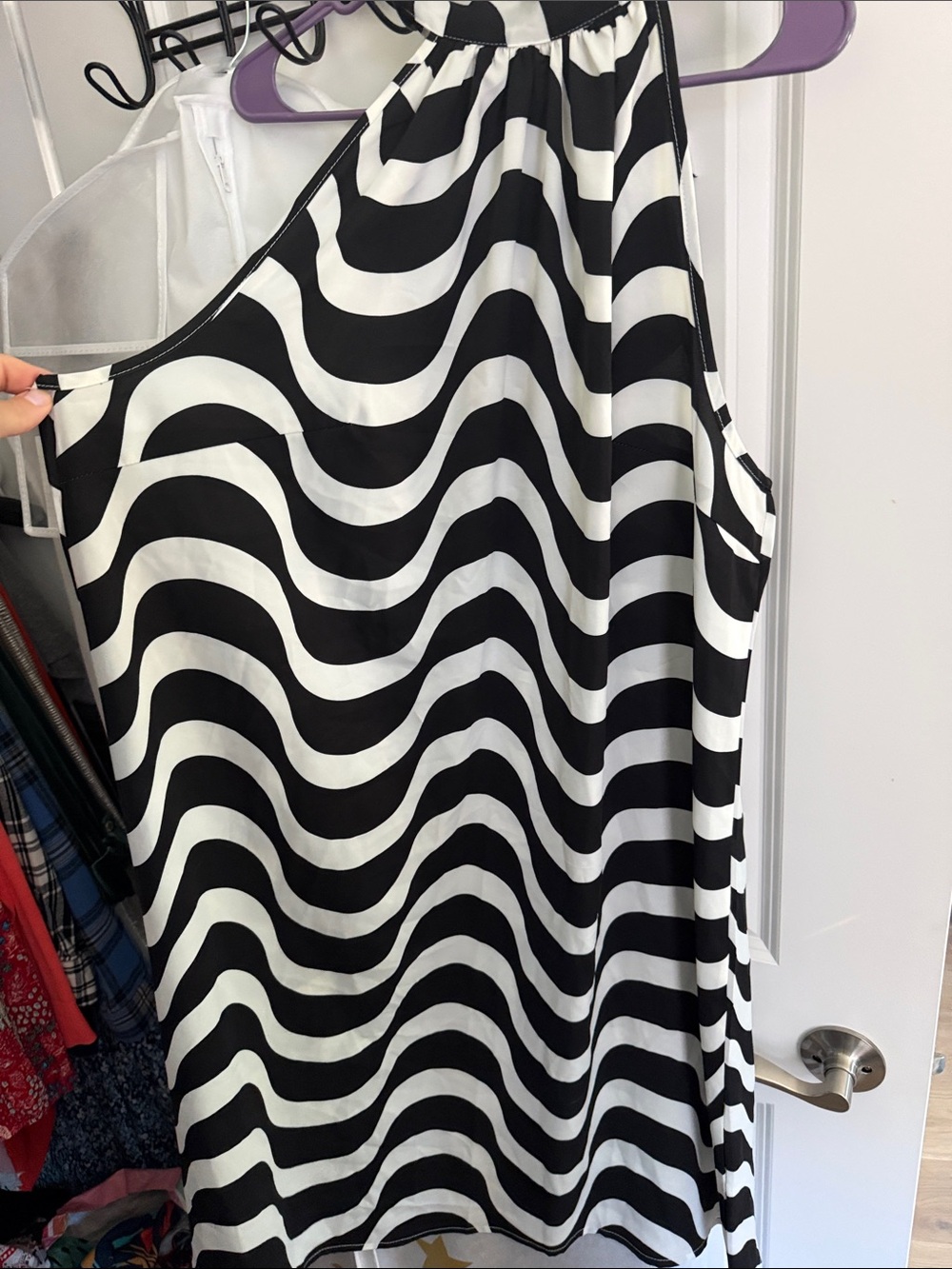Black and White Wavy Stripe Halter Tank Dress